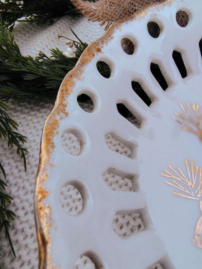 Royal Halsey Fine China Pedestal Bowl – Reticulated Edge, Gold Pinecone Design – photo 4 of 6