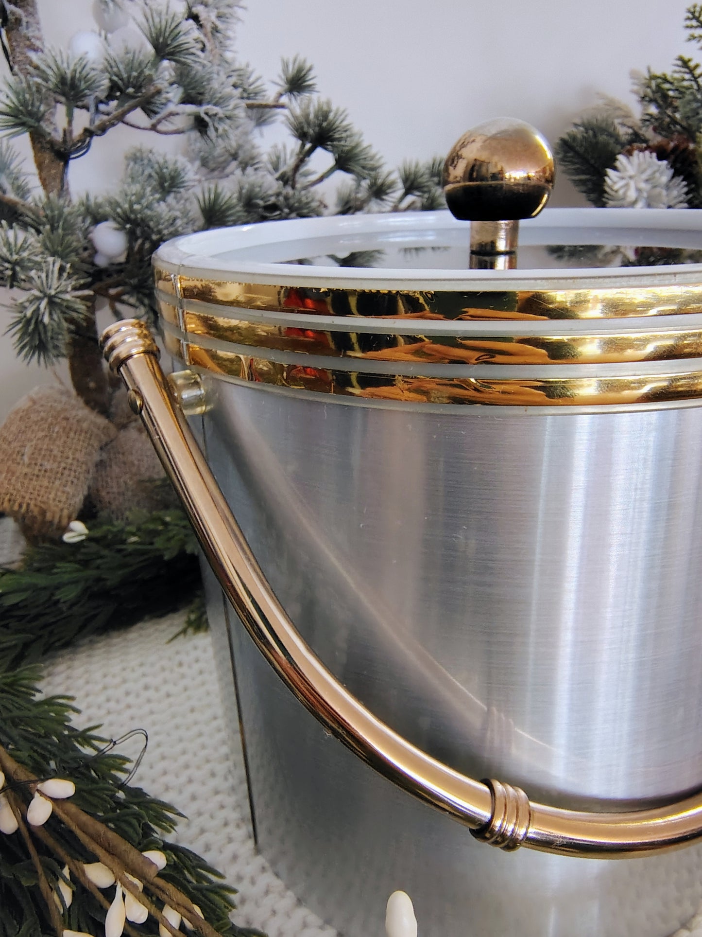 Mid-Century Modern Brushed Aluminum Ice Bucket with Brass Trim & Handle Christmas