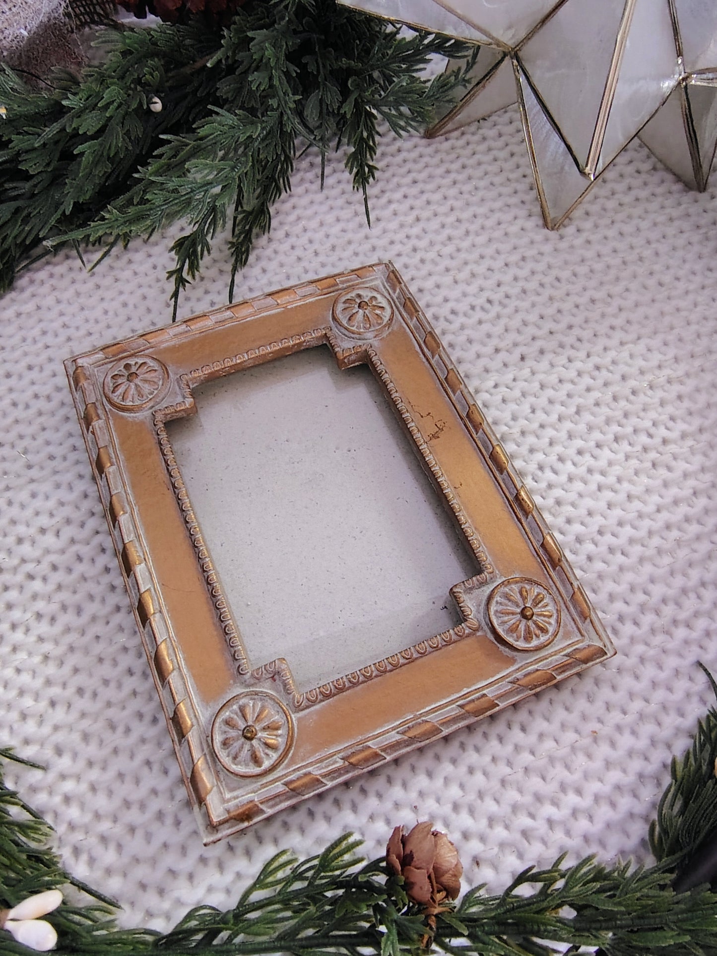 Gold Ornate Resin Picture Frame – Floral Medallions, 4.75 x 3.25 Opening