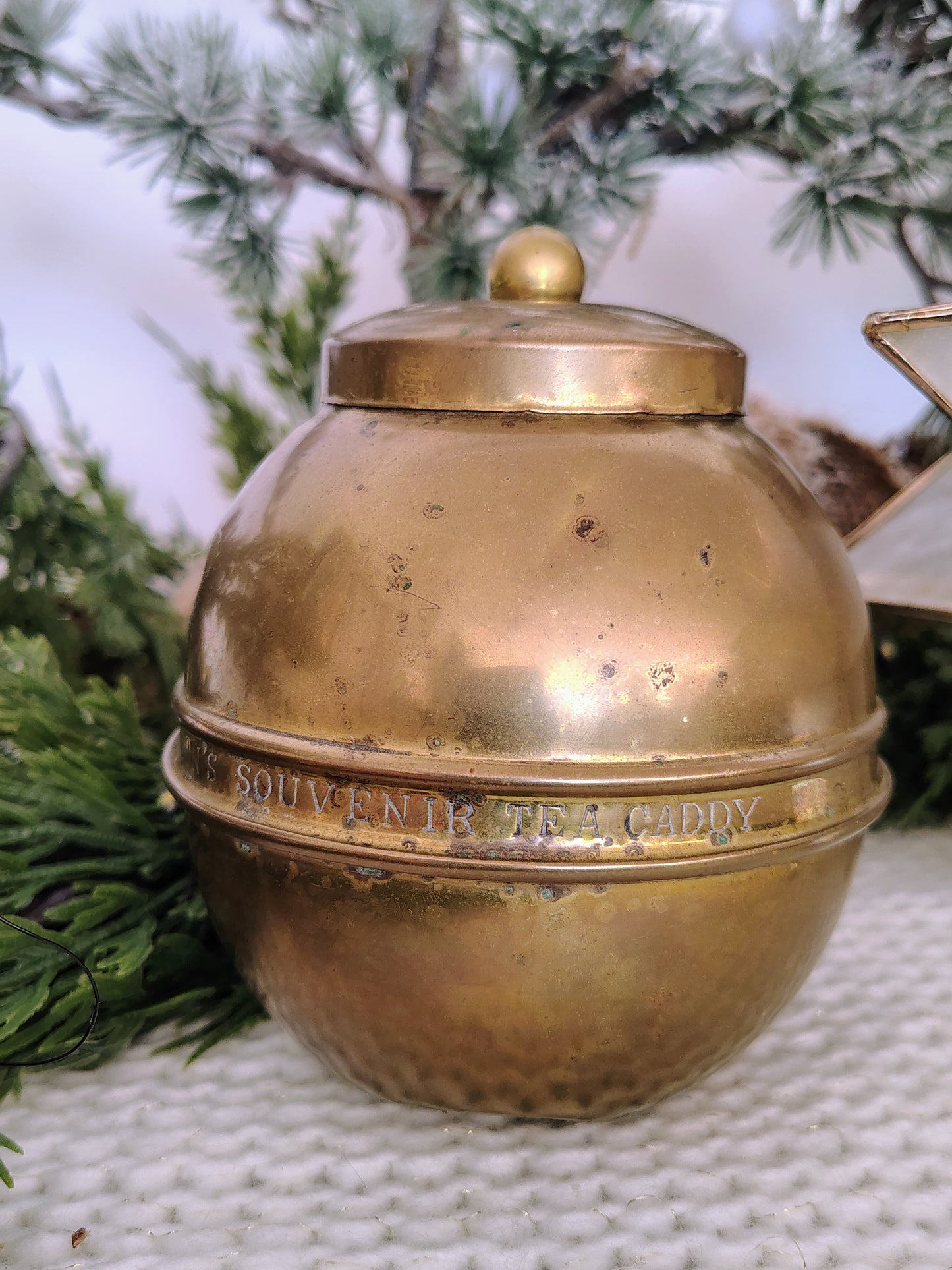 1924 Lipton Brass Tea Caddy – British Empire Exhibition Globe Tin, 5″ Tall Christmas