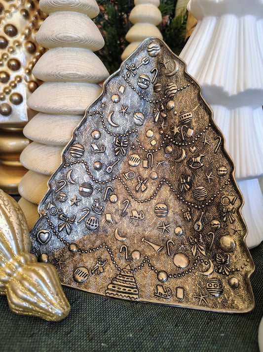 Vintage Silver Christmas Tree Dish – Embossed Holiday Motif