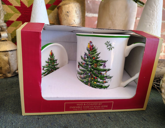 Spode “Christmas Tree” Mug & Coaster Set – Original Box (Since 1938 Design)