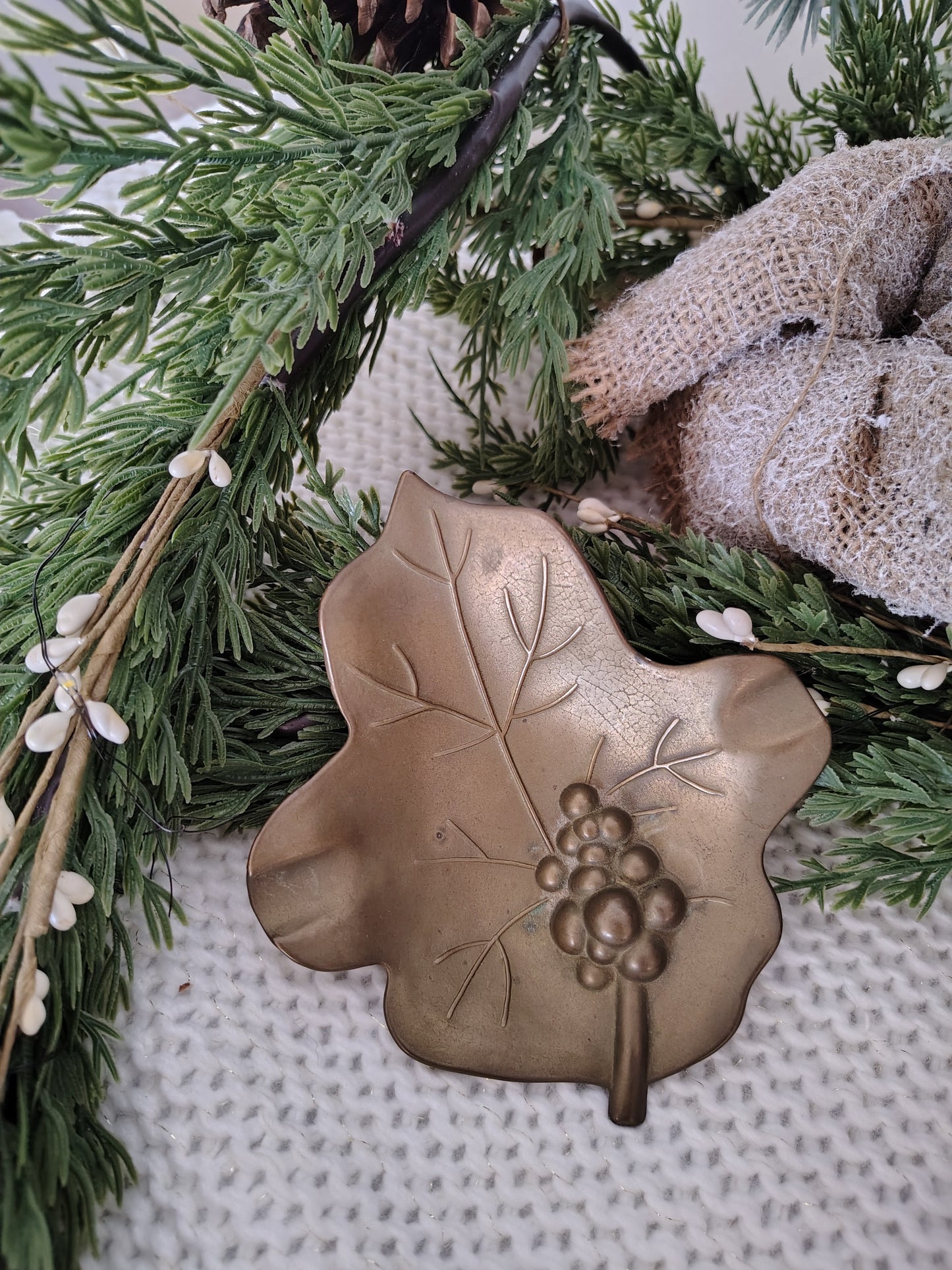 Vintage Solid Brass Leaf Tray with Grapes Design – Small Decorative Dish