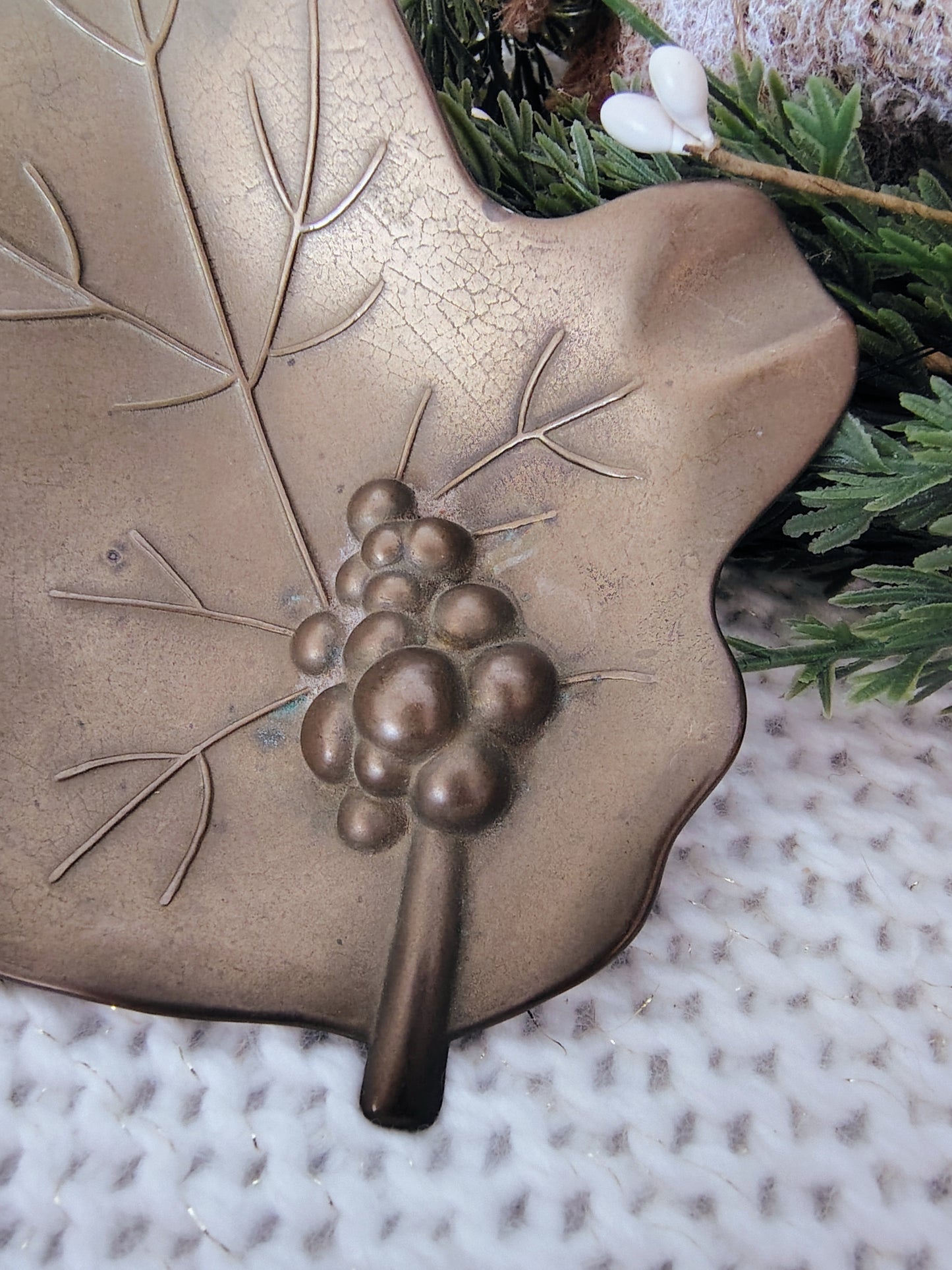 Vintage Solid Brass Leaf Tray with Grapes Design – Small Decorative Dish