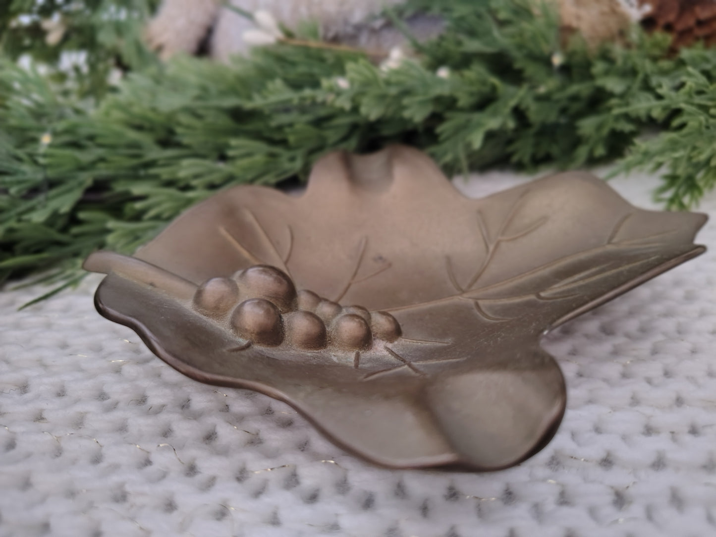Vintage Solid Brass Leaf Tray with Grapes Design – Small Decorative Dish