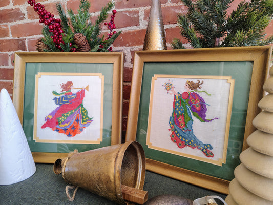 Vintage 1970s Needlepoint Angel Wall Art Set – Colorful Framed Hand-Stitched Textile Decor, Folk Art Christmas Angels, 11x11” Pair
