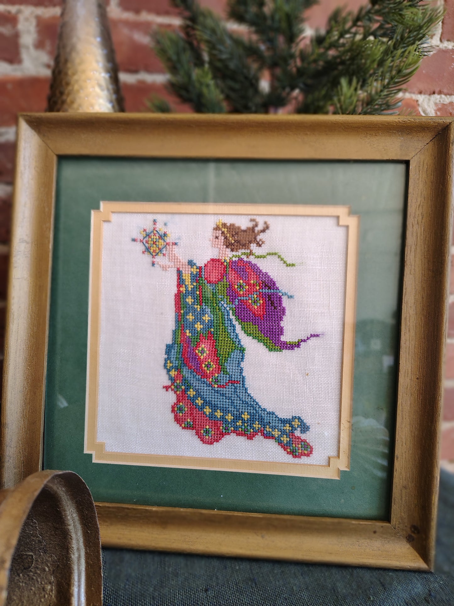 Vintage 1970s Needlepoint Angel Wall Art Set – Colorful Framed Hand-Stitched Textile Decor, Folk Art Christmas Angels, 11x11” Pair