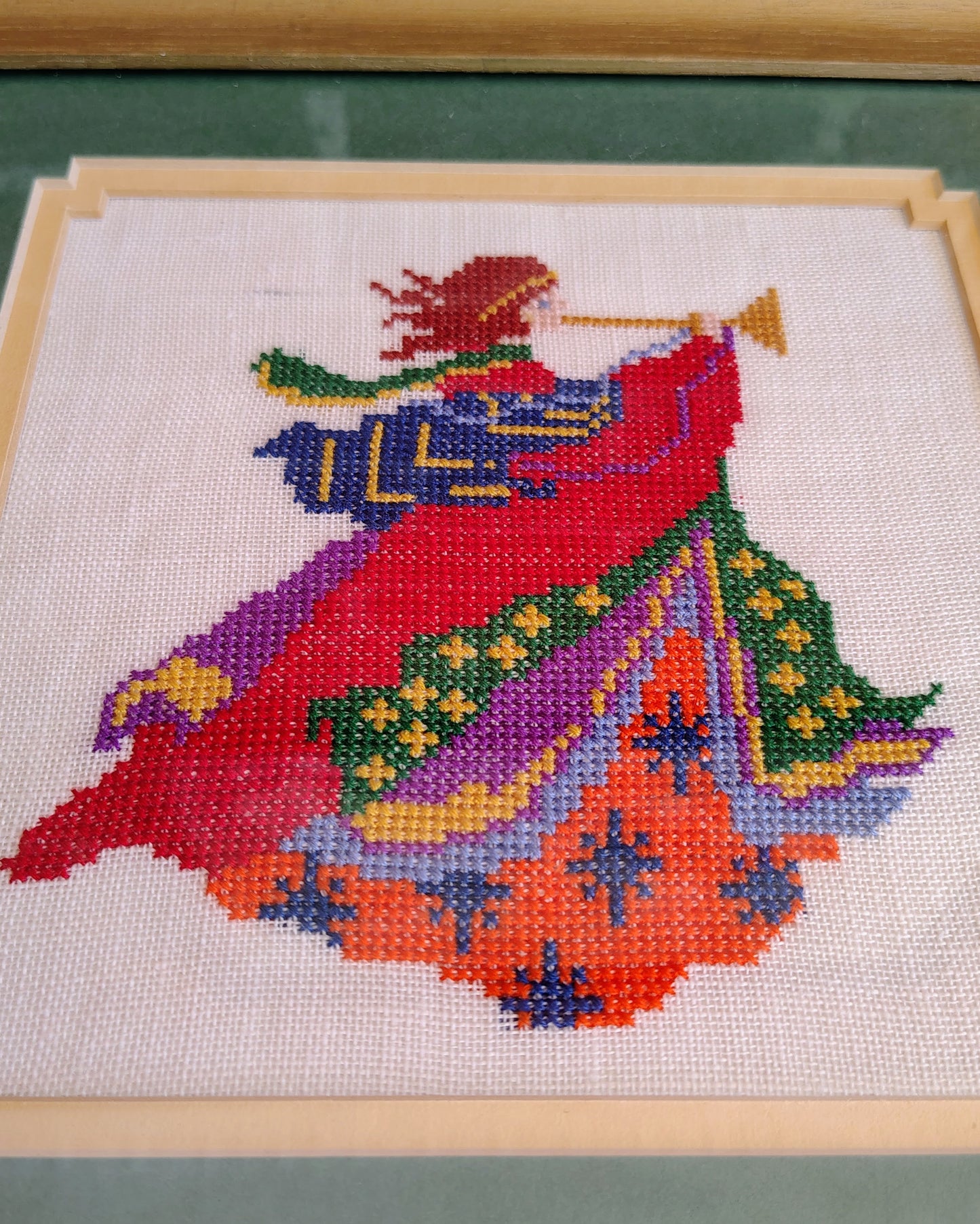 Vintage 1970s Needlepoint Angel Wall Art Set – Colorful Framed Hand-Stitched Textile Decor, Folk Art Christmas Angels, 11x11” Pair