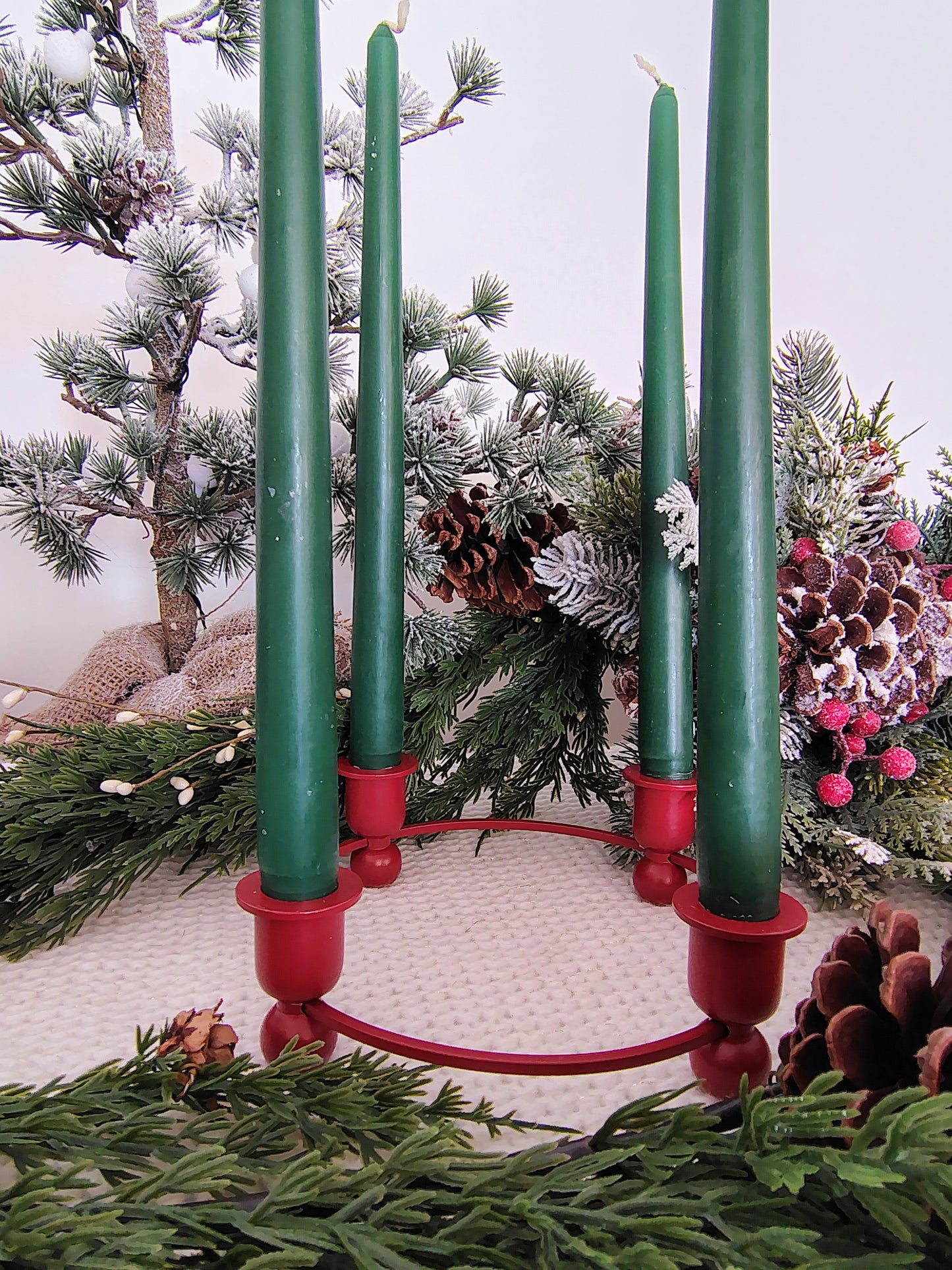 Vintage Red Wood and Metal 4-Taper Candle Holder Christmas Wreath Base