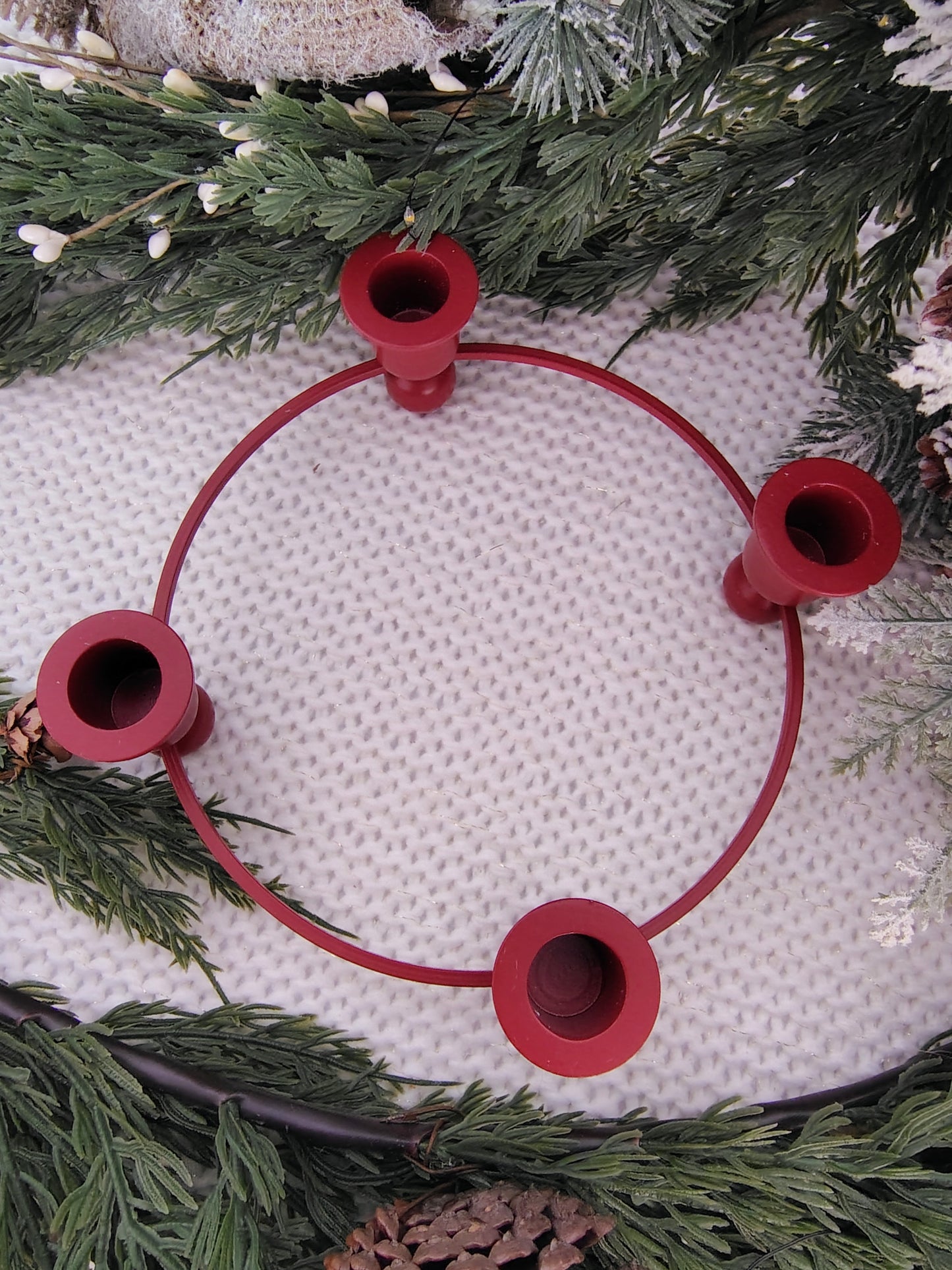 Vintage Red Wood and Metal 4-Taper Candle Holder Christmas Wreath Base