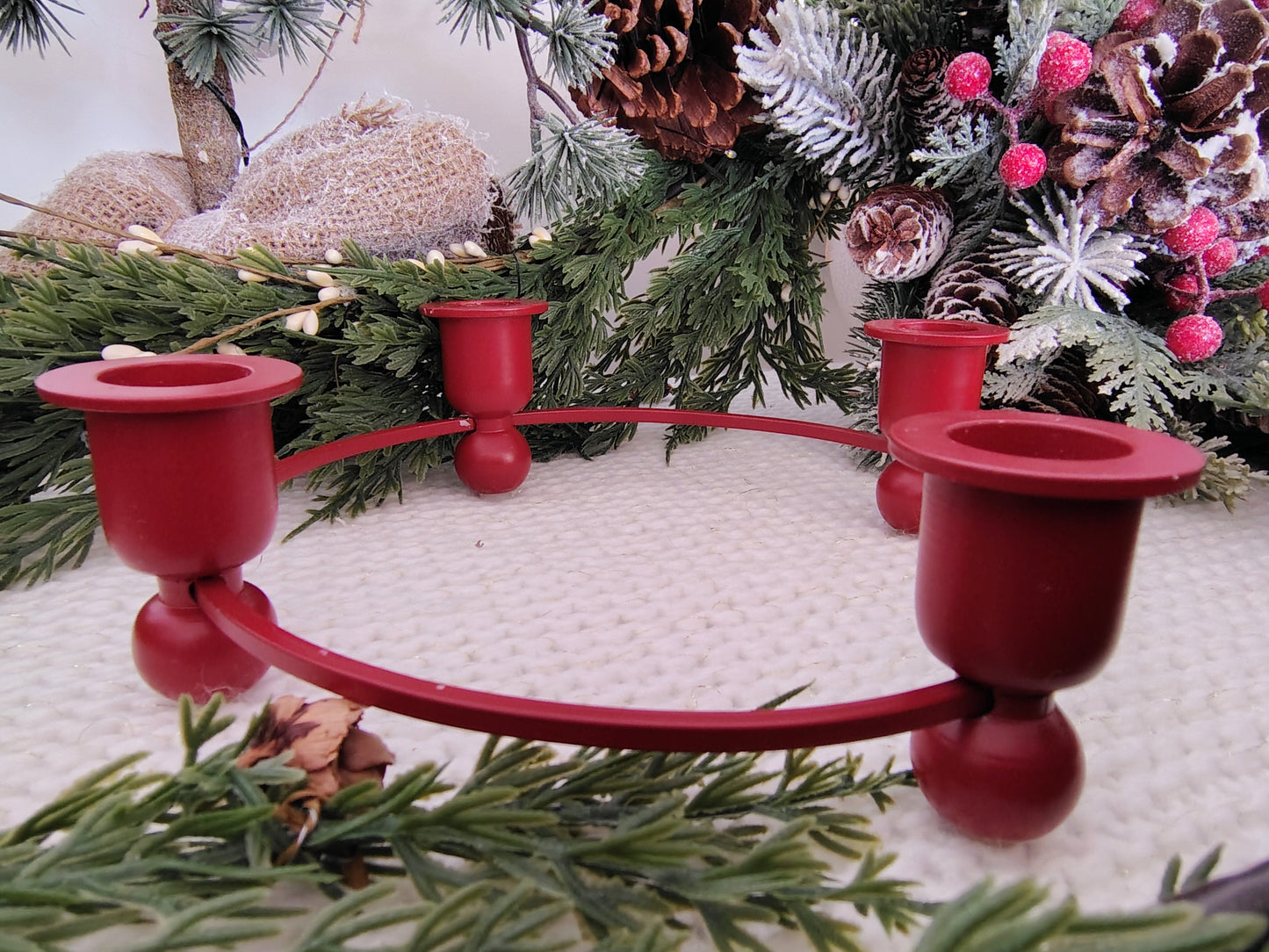 Vintage Red Wood and Metal 4-Taper Candle Holder Christmas Wreath Base