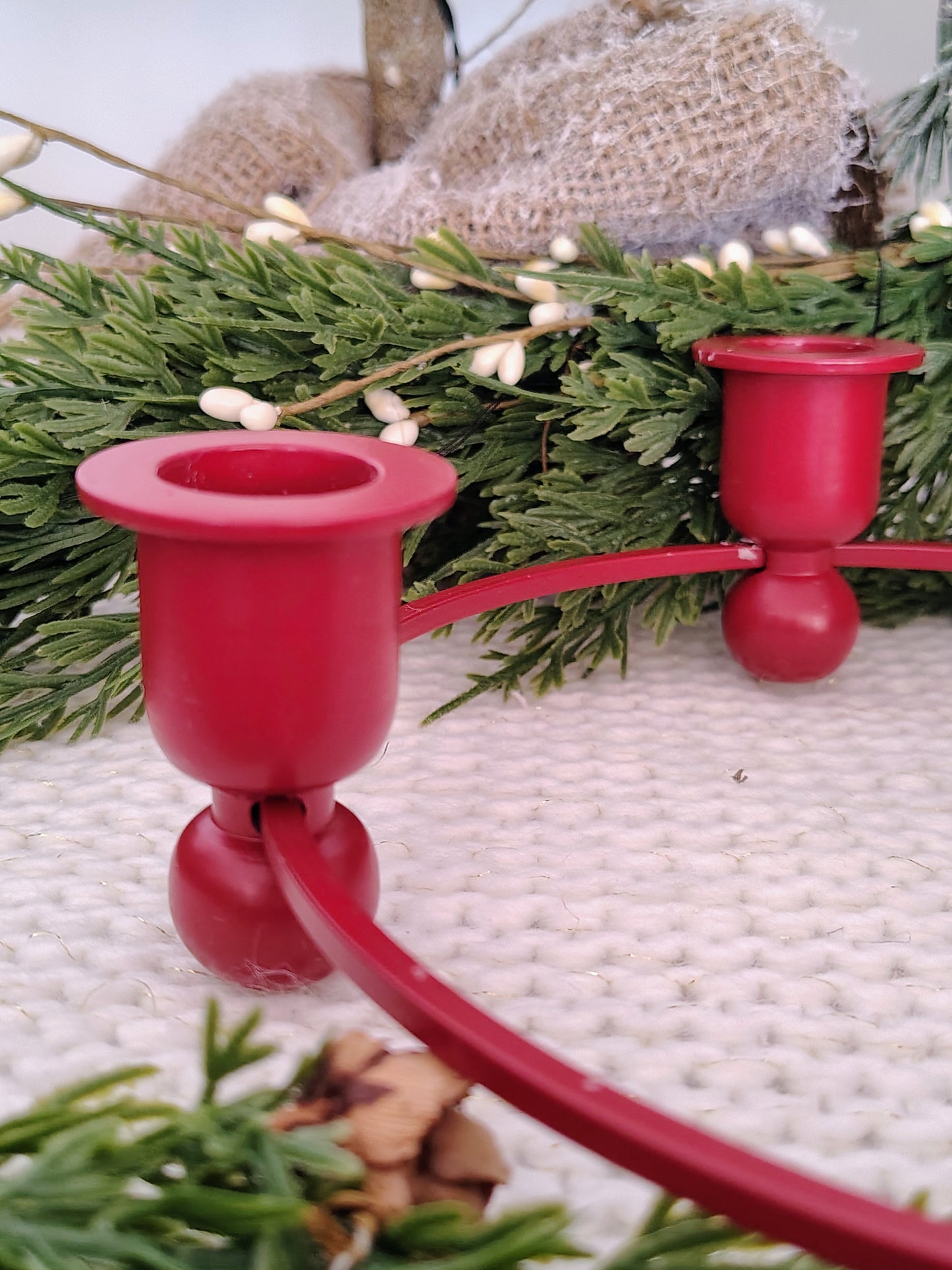 Vintage Red Wood and Metal 4-Taper Candle Holder Christmas Wreath Base