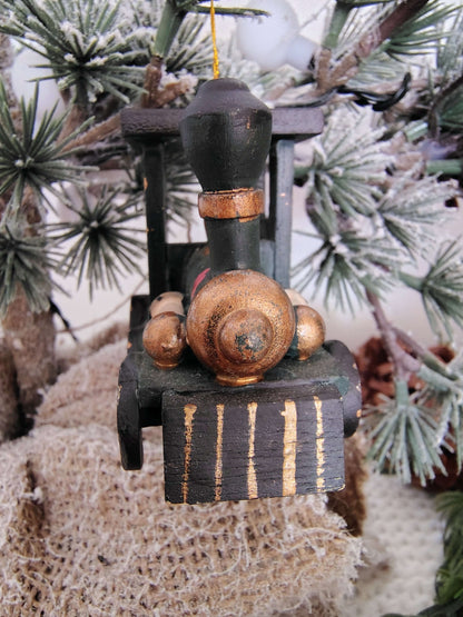 Vintage Hand-Painted Wood Christmas Train Ornament – Green & Gold Locomotive – photo 2 of 6