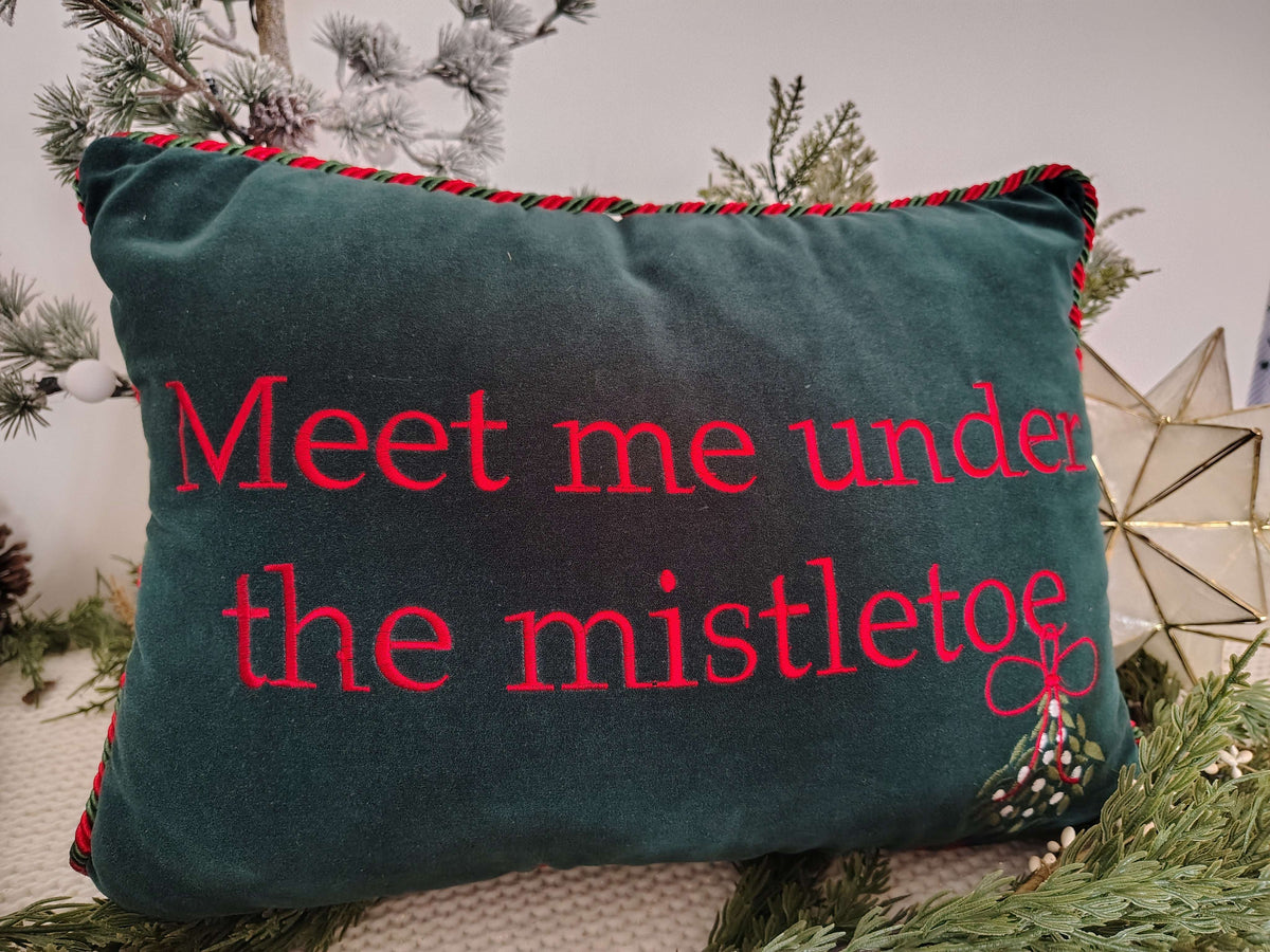 Meet Me Under the Mistletoe Velvet Holiday Pillow – Green & Red (17 x 12) – photo 2 of 6