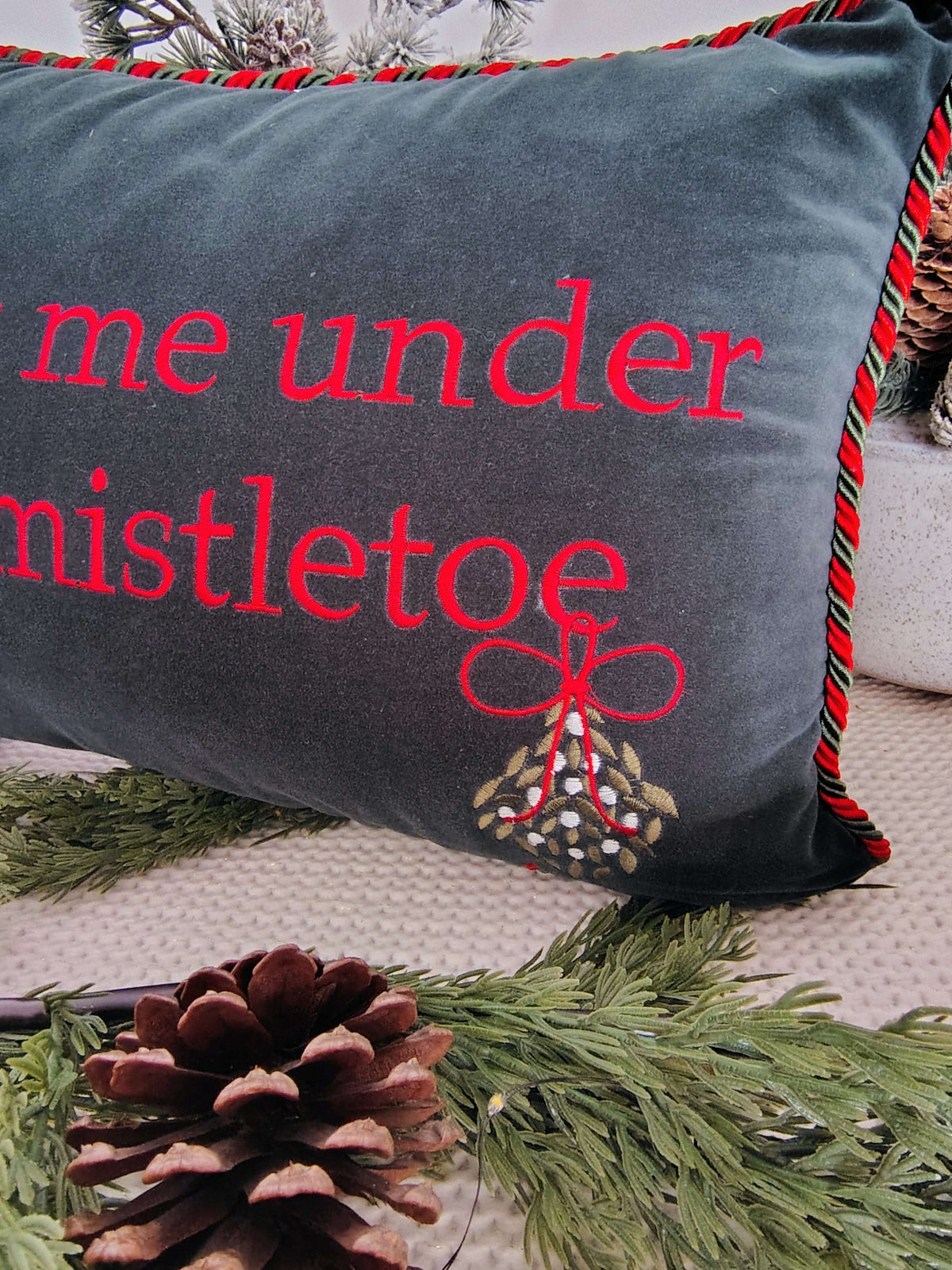 Meet Me Under the Mistletoe Velvet Holiday Pillow – Green & Red (17 x 12) – photo 4 of 6
