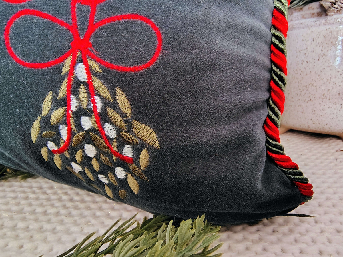 Meet Me Under the Mistletoe Velvet Holiday Pillow – Green & Red (17 x 12) – photo 5 of 6