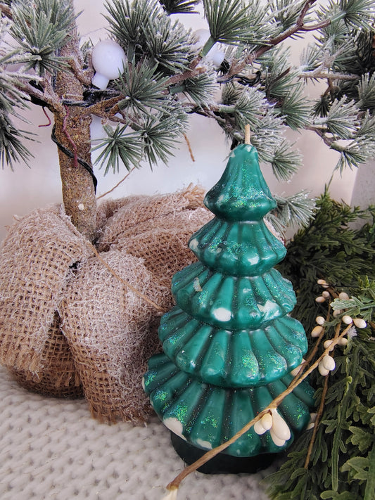 Vintage Green Glitter Christmas Tree Candle