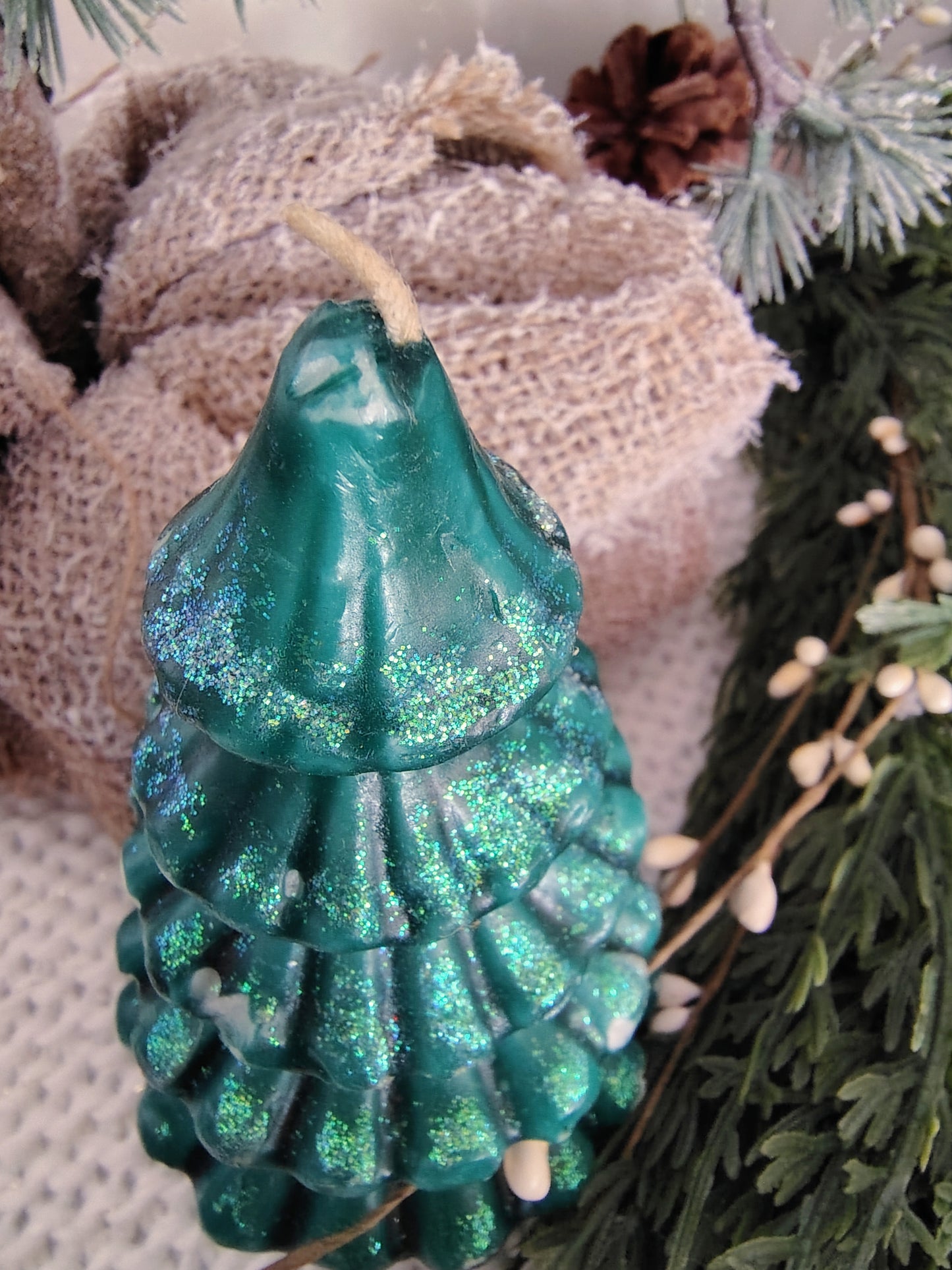 Vintage Green Glitter Christmas Tree Candle