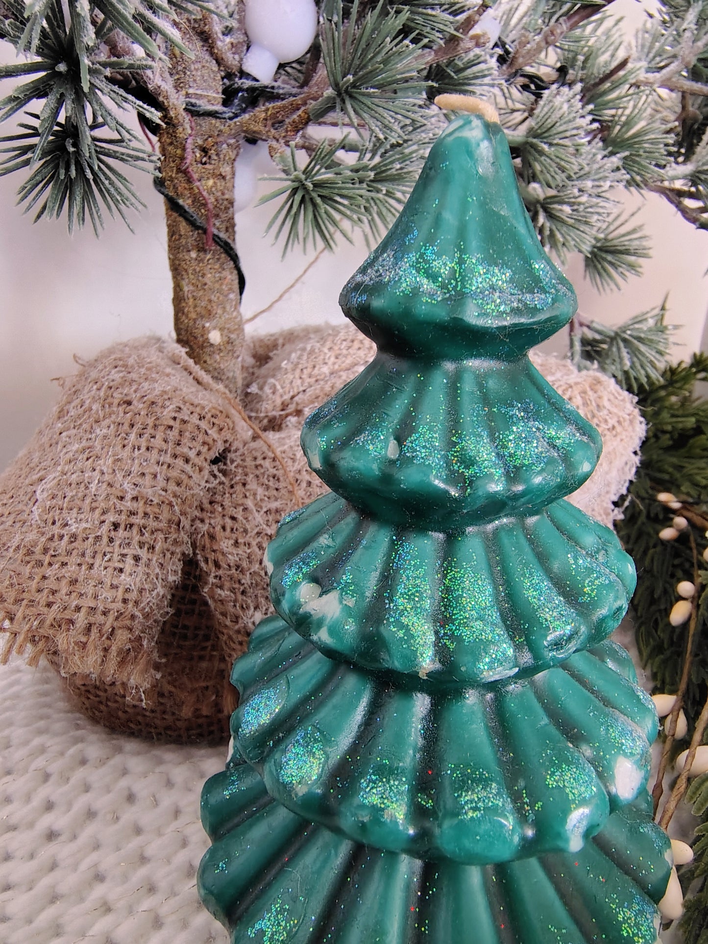 Vintage Green Glitter Christmas Tree Candle