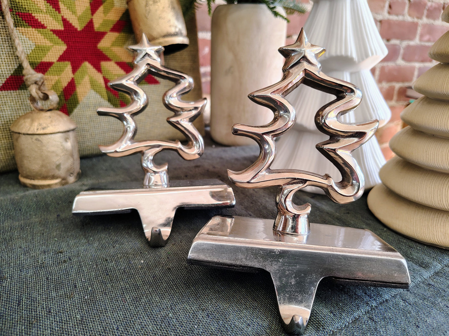 Pair of Silver Polished Christmas Tree Stocking Holders – Made in India