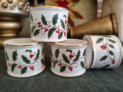 Vintage Porcelain Christmas Holly Napkin Rings – Set of 4 with Gold Trim, 1980s Holiday Table Décor – photo 2 of 5