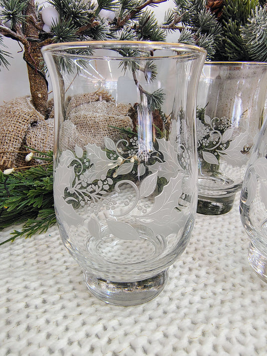 Vintage Libbey Christmas Frosted Holly Etched Glasses, Set of 4