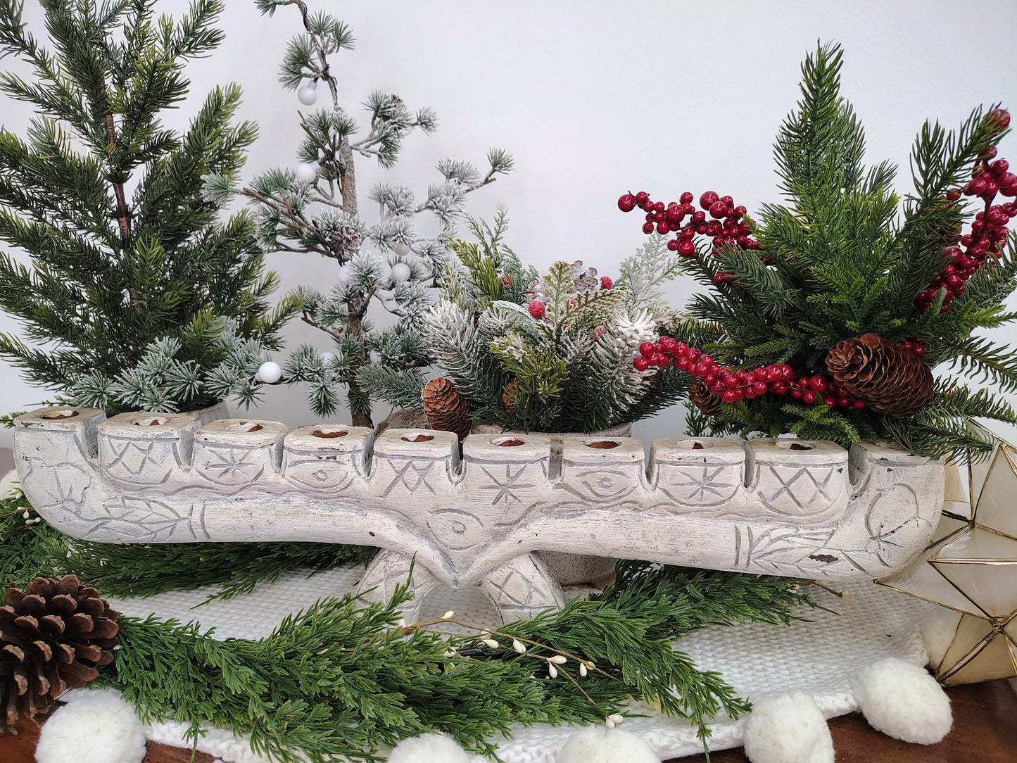 Hand-Carved Whitewashed Wood Menorah – 9-Taper Candle Holder