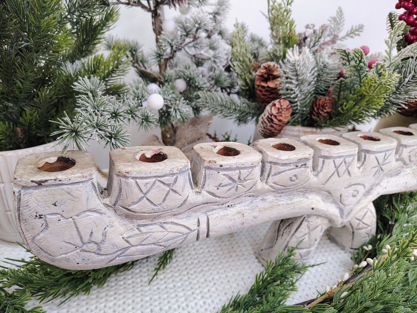 Hand-Carved Whitewashed Wood Menorah – 9-Taper Candle Holder