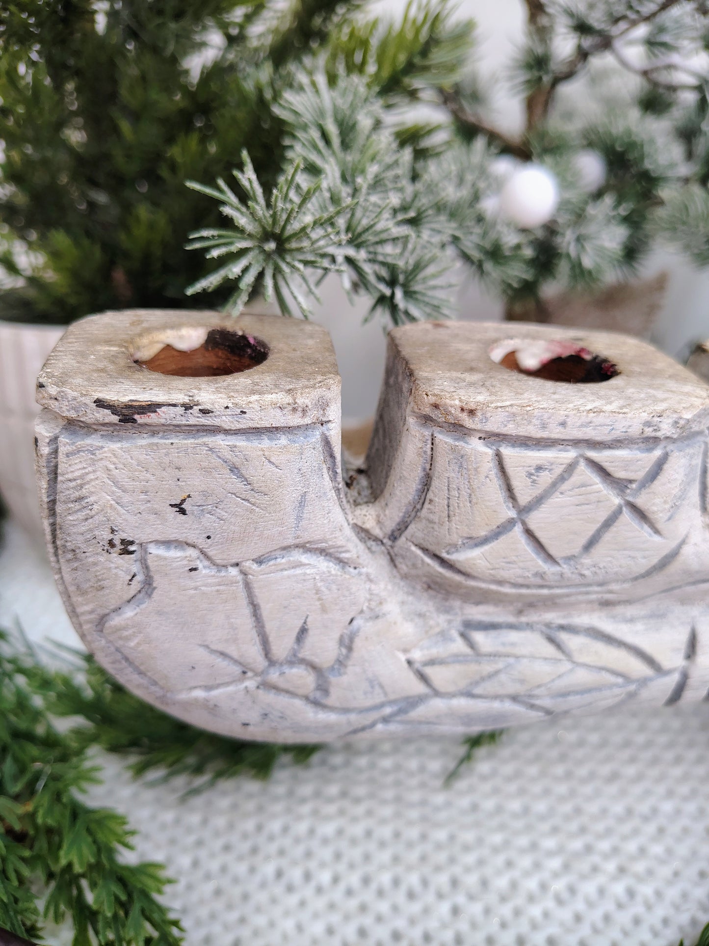 Hand-Carved Whitewashed Wood Menorah – 9-Taper Candle Holder