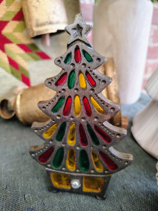 Vintage Cast Iron Christmas Tree Candle Holder – Stained Glass Window Design