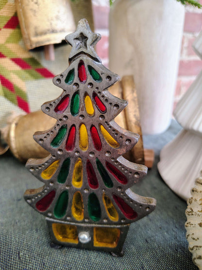 Vintage Cast Iron Christmas Tree Candle Holder – Stained Glass Window Design – photo 2 of 8
