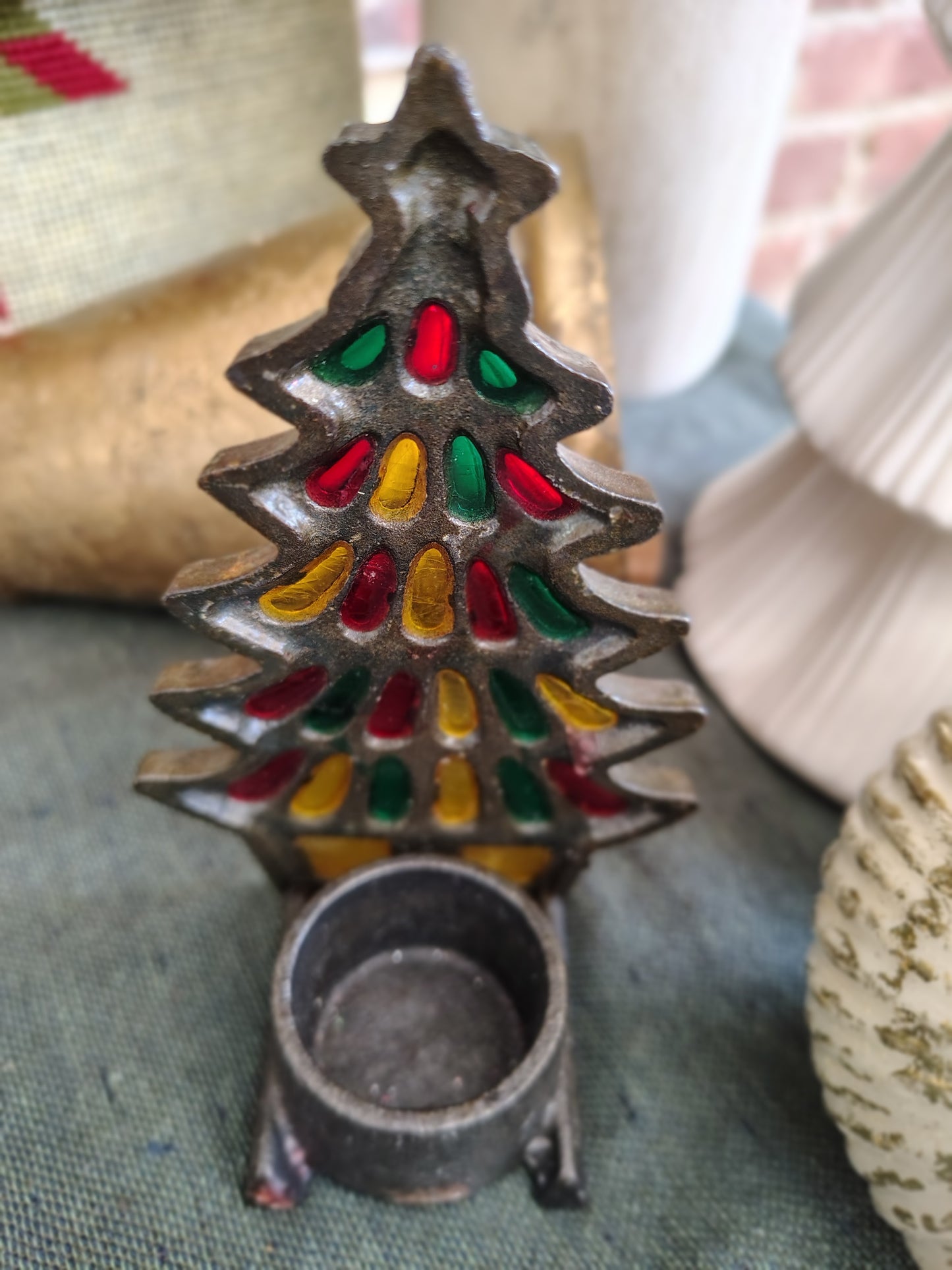 Vintage Cast Iron Christmas Tree Candle Holder – Stained Glass Window Design