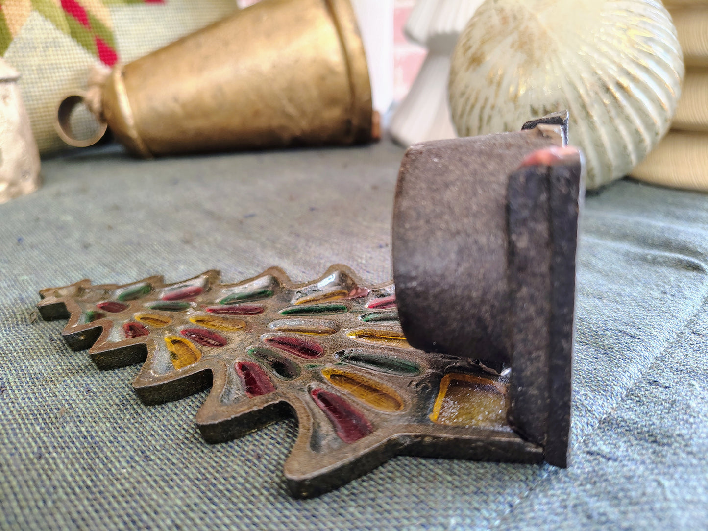 Vintage Cast Iron Christmas Tree Candle Holder – Stained Glass Window Design