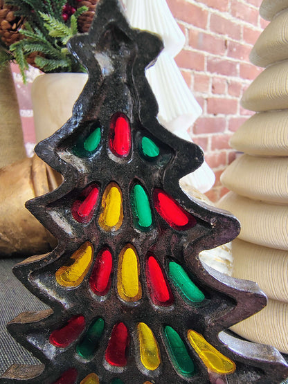 Vintage Cast Iron Christmas Tree Candle Holder – Stained Glass Window Design – photo 7 of 8