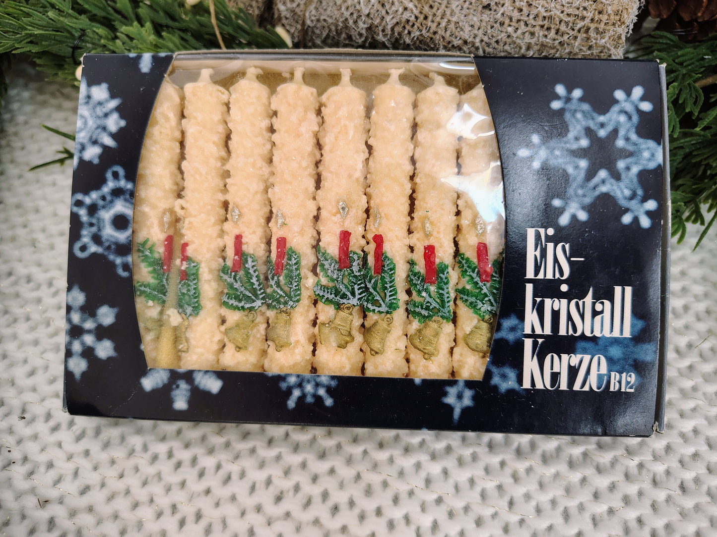 Vintage German “Eiskristallkerze” Christmas Candles – Boxed Set of 12 Rein Stearin Ice Crystal Candles