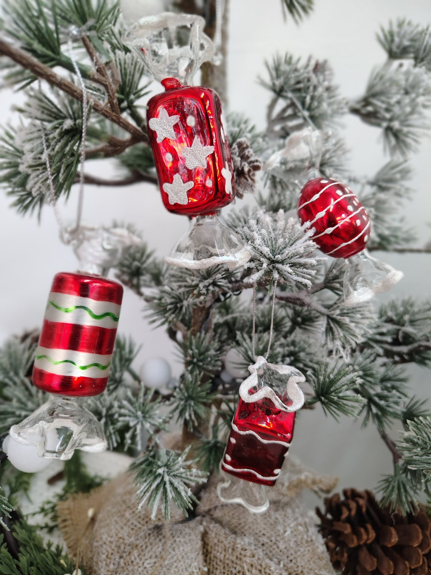 Set of 4 Vintage Glass Candy Ornaments – Red, White & Green Christmas Set