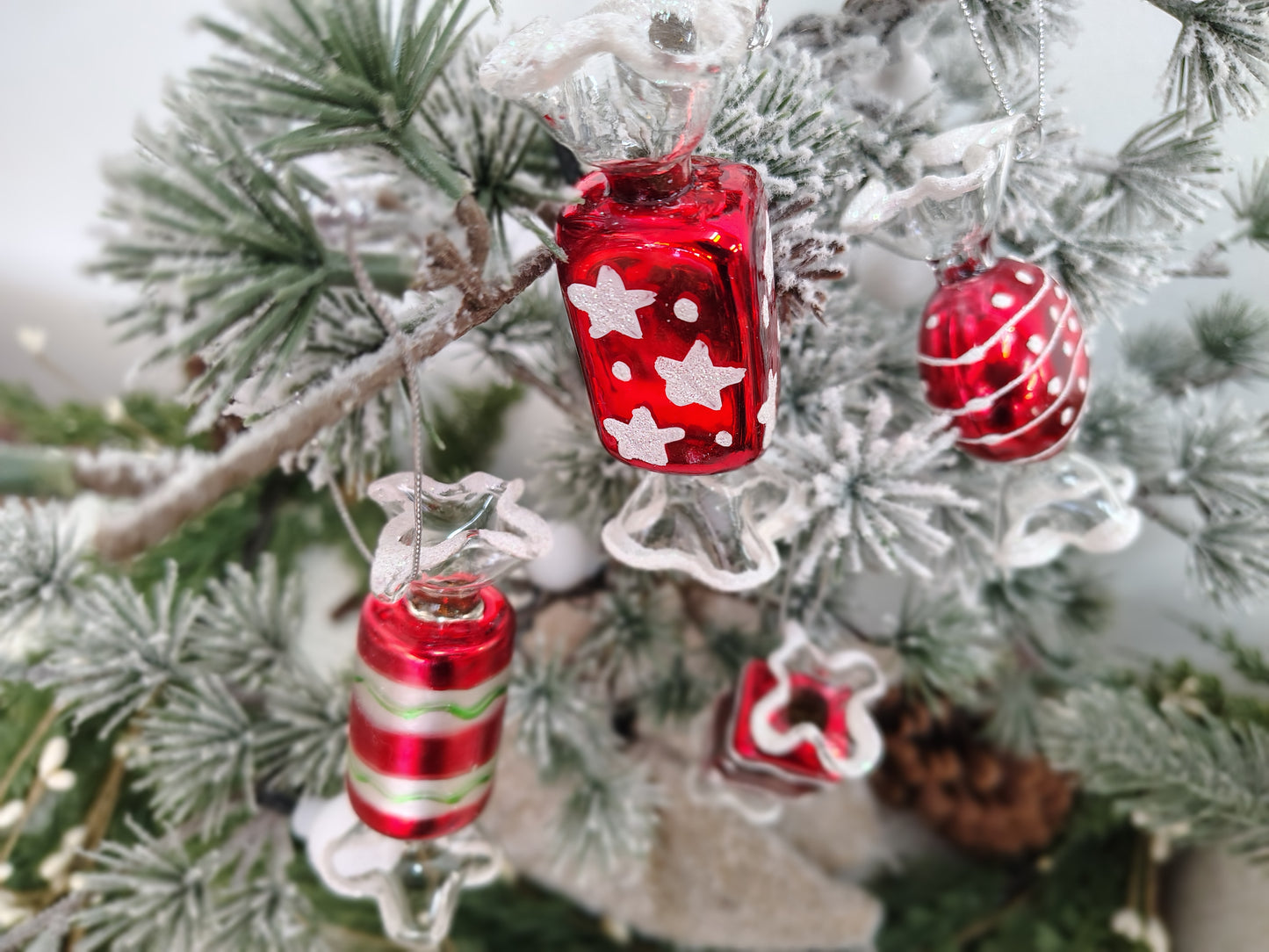 Set of 4 Vintage Glass Candy Ornaments – Red, White & Green Christmas Set
