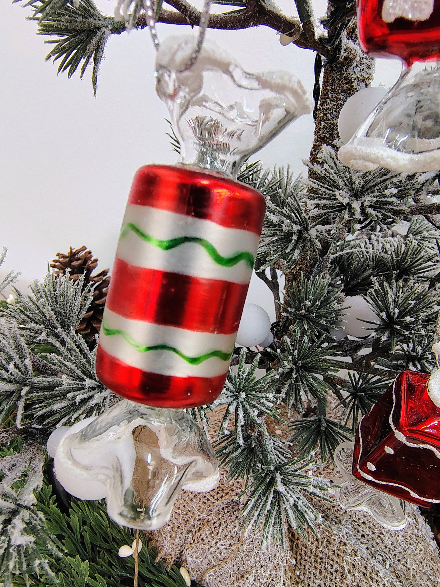 Set of 4 Vintage Glass Candy Ornaments – Red, White & Green Christmas Set