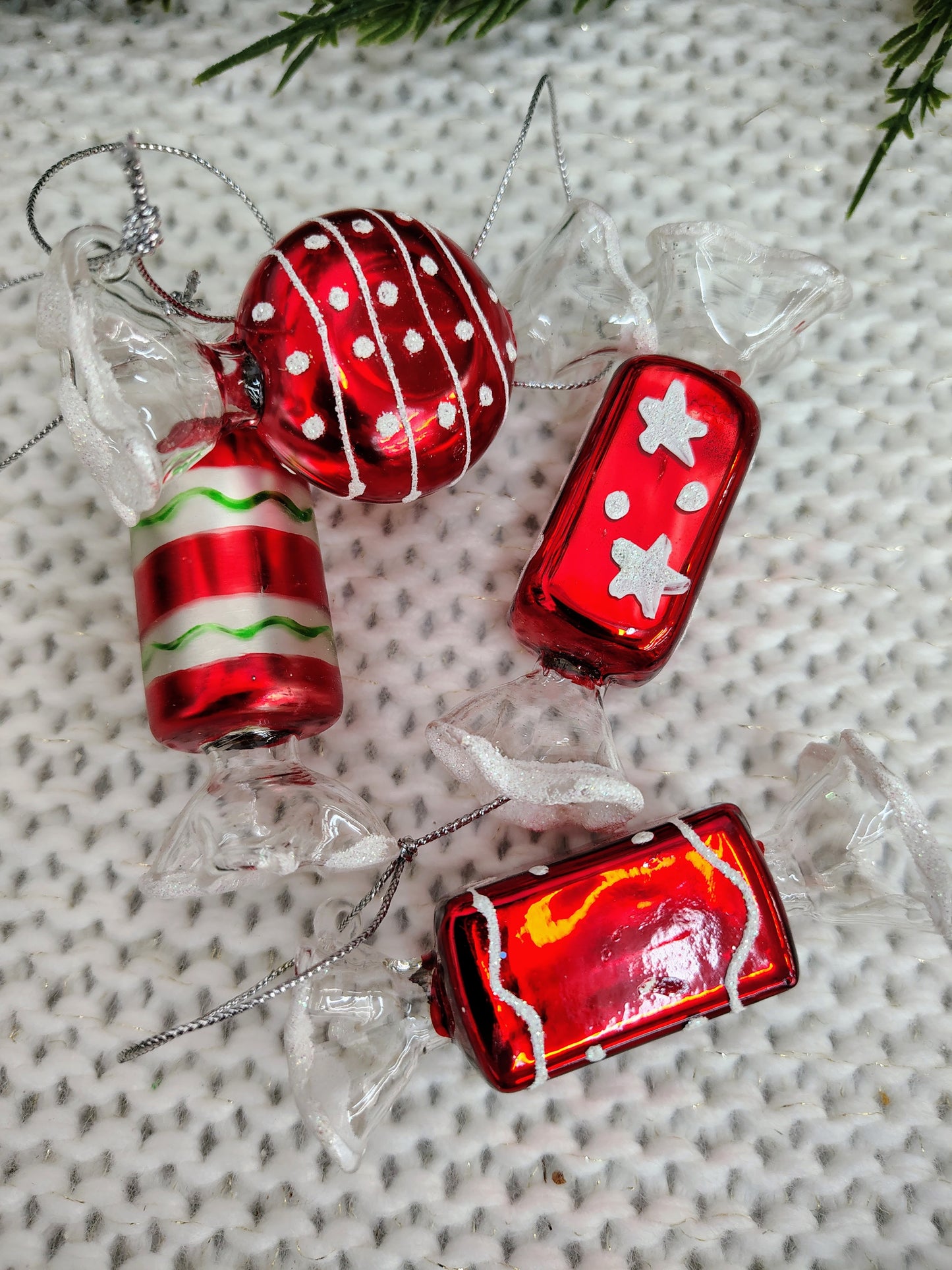 Set of 4 Vintage Glass Candy Ornaments – Red, White & Green Christmas Set