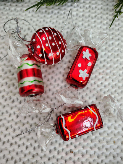 Set of 4 Vintage Glass Candy Ornaments – Red, White & Green Christmas Set – photo 9 of 11