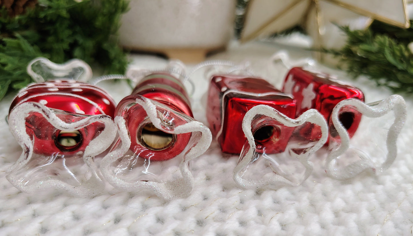 Set of 4 Vintage Glass Candy Ornaments – Red, White & Green Christmas Set