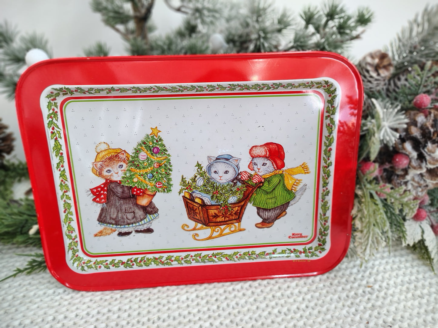 1987 Kitty Cucumber Christmas Metal Tray – B. Shackman for Schmid