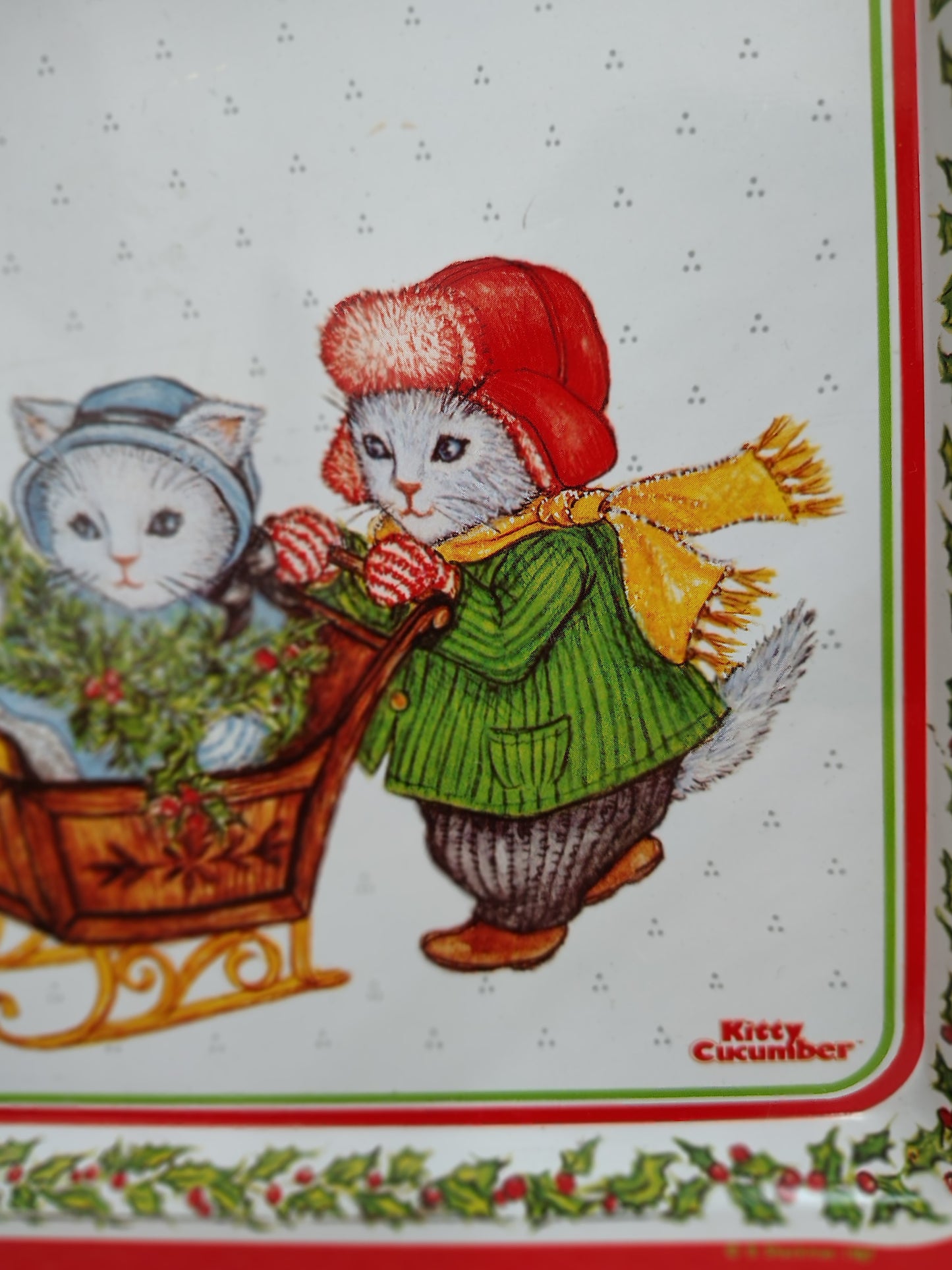 1987 Kitty Cucumber Christmas Metal Tray – B. Shackman for Schmid