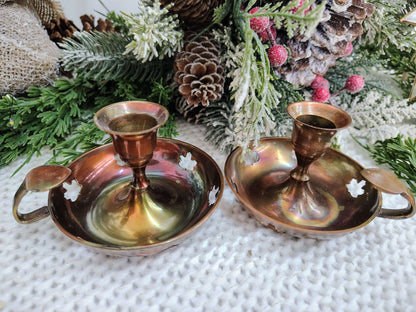 Vintage Brass Chamberstick Candle Holders – Maple Leaf Cutouts, Set of 2 – photo 3 of 6