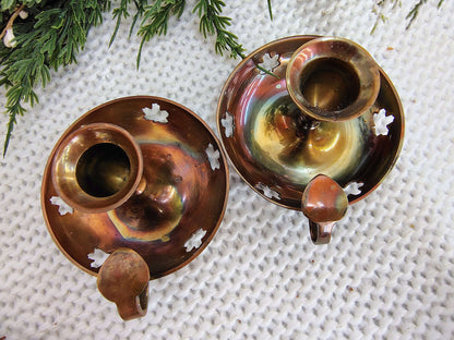 Vintage Brass Chamberstick Candle Holders – Maple Leaf Cutouts, Set of 2 – photo 5 of 6