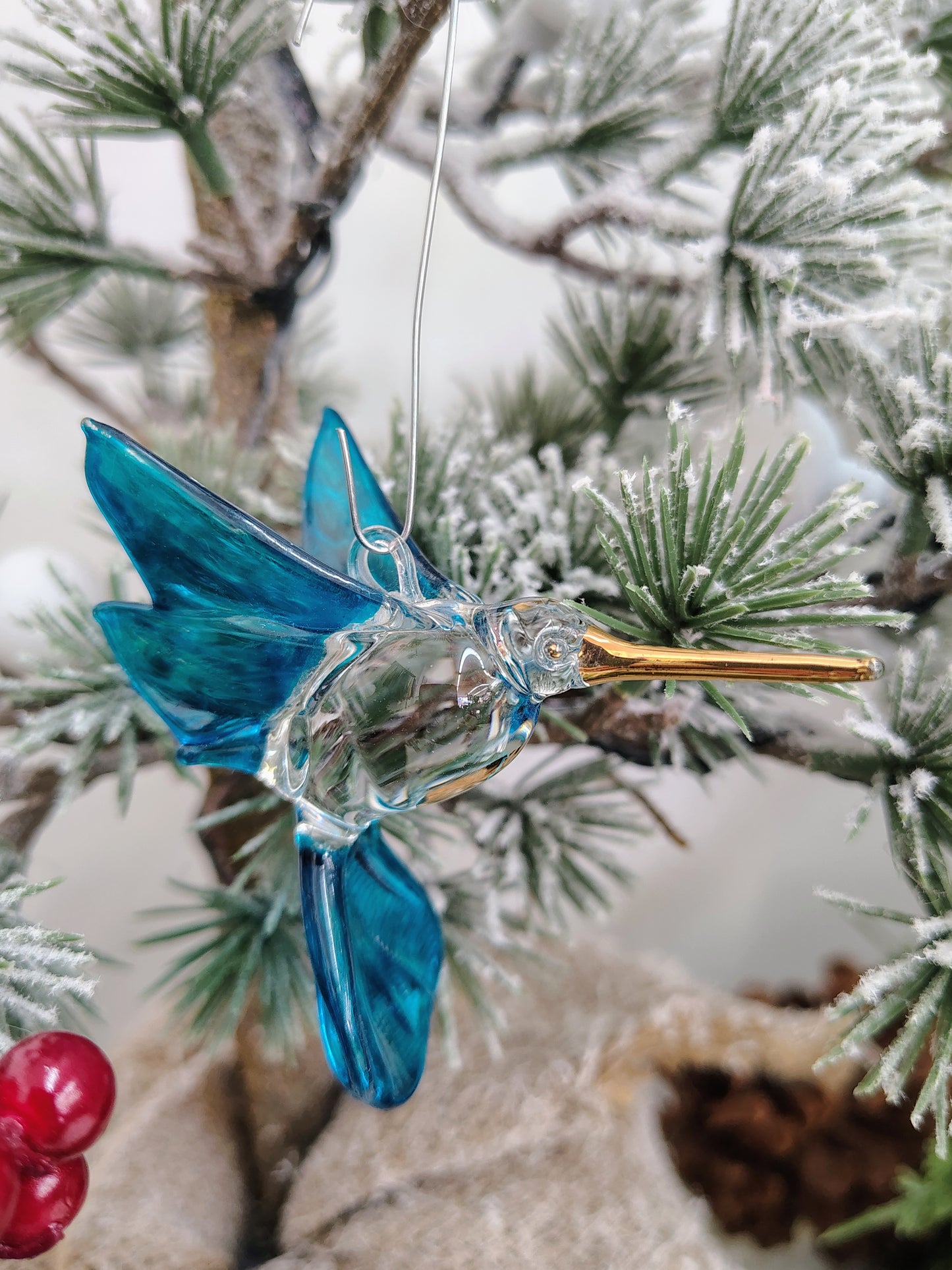 Hand-Blown Glass Hummingbird Christmas Ornament – Blue & Gold