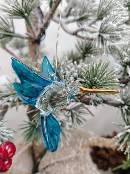 Hand-Blown Glass Hummingbird Christmas Ornament – Blue & Gold
