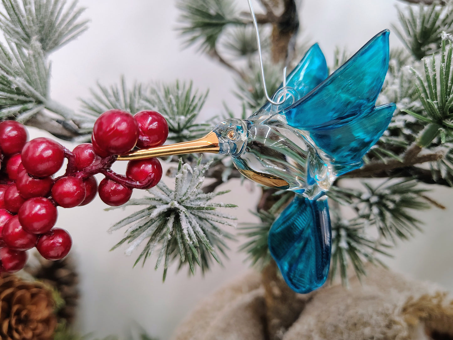 Hand-Blown Glass Hummingbird Christmas Ornament – Blue & Gold