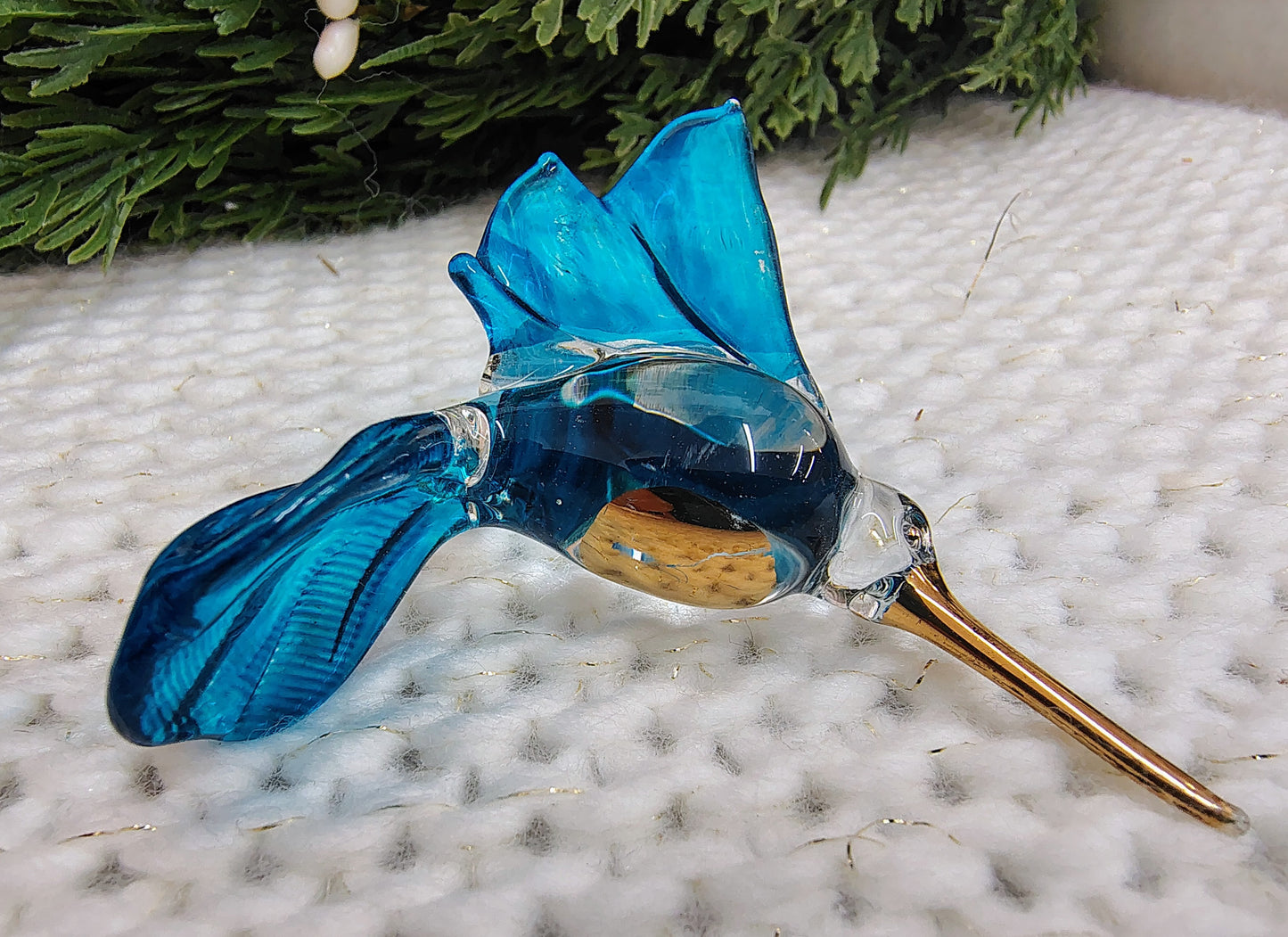 Hand-Blown Glass Hummingbird Christmas Ornament – Blue & Gold
