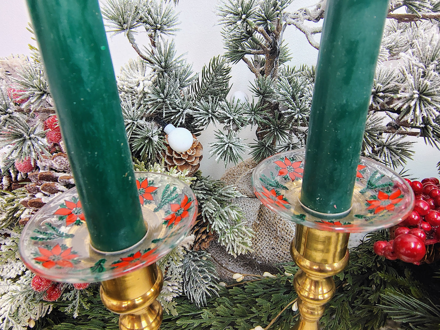 Vintage Formglas Sweden Christmas Poinsettia Glass Candle Holder Drip Rings – Set of 2
